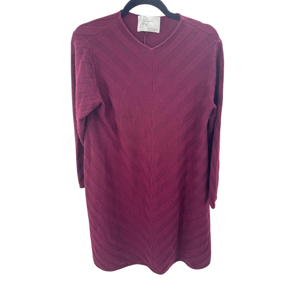SHI 100% Pure Cashmere V Neck Long‎ Sleeve Chevron Knit Dress Made in Scotland